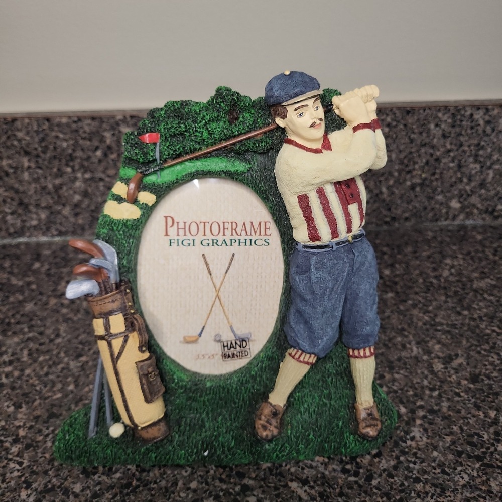 VTG 1993 Figi Graphics Hand Painted Golf Picture Frame 3.5x5 Resin Golfer NOS